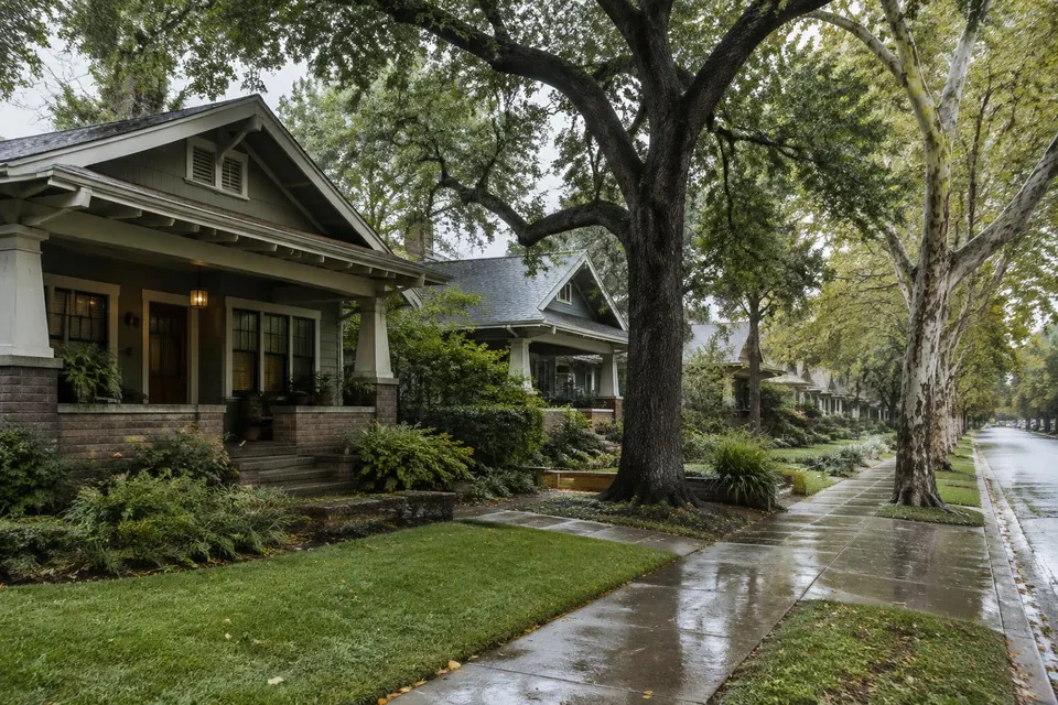 Generated illustration of a tree-lined street of Craftsman bungalows after rain