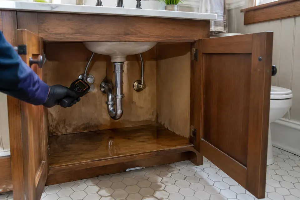 Generated illustration of a gloved hand holding a moisture meter inside a wet bathroom vanity cabinet