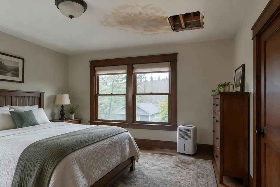Generated illustration of a bedroom ceiling stain with a section of drywall removed and a dehumidifier below