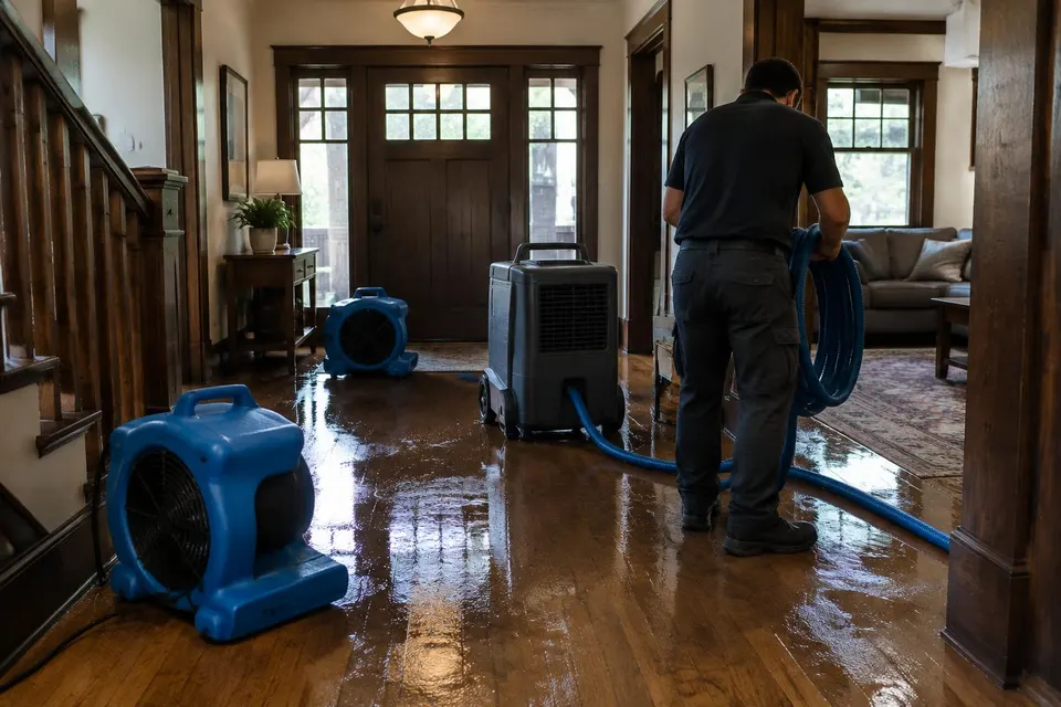 Generated illustration of a technician coiling a hose in a wet entry hall with air movers and a dehumidifier