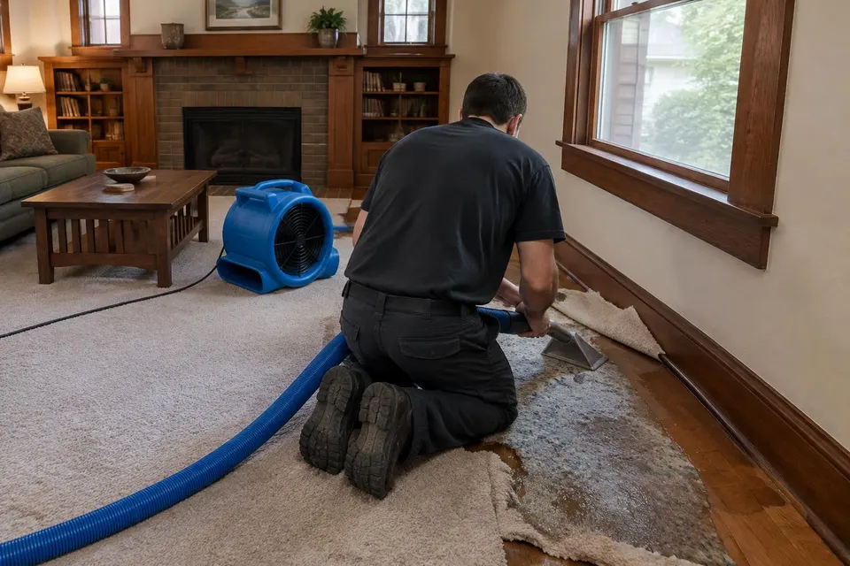 Generated illustration of a technician extracting water from pulled-back carpet in a Craftsman living room