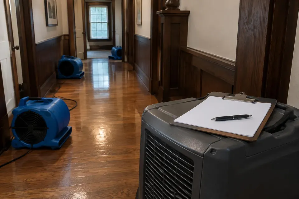 Generated illustration of a blank clipboard on a dehumidifier in a hallway with air movers