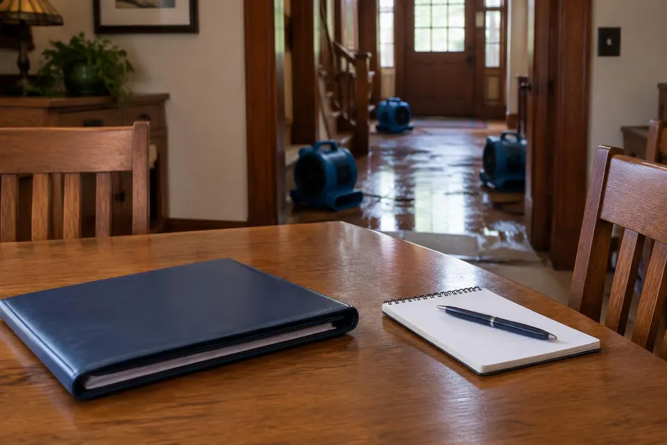 Generated illustration of a policy folder and notepad on a dining table, with air movers drying a hallway behind
