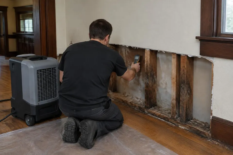 Generated illustration of a technician checking exposed wall studs with a moisture meter