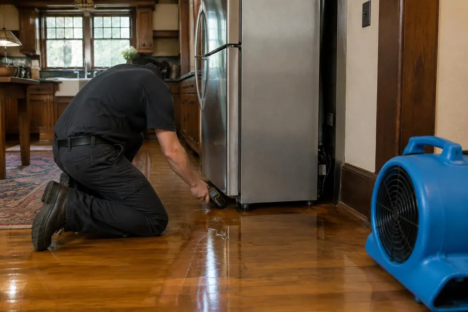Generated illustration of a technician kneeling with a moisture meter beside water at a refrigerator base