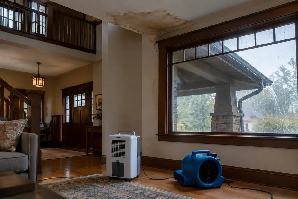 Generated illustration of a ceiling stain by a window during rain, with a dehumidifier and air mover below