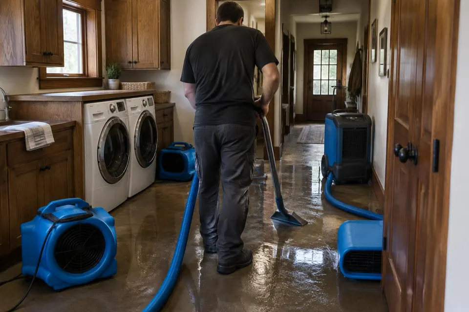 Generated illustration of a technician extracting water from a laundry room floor with air movers and a dehumidifier